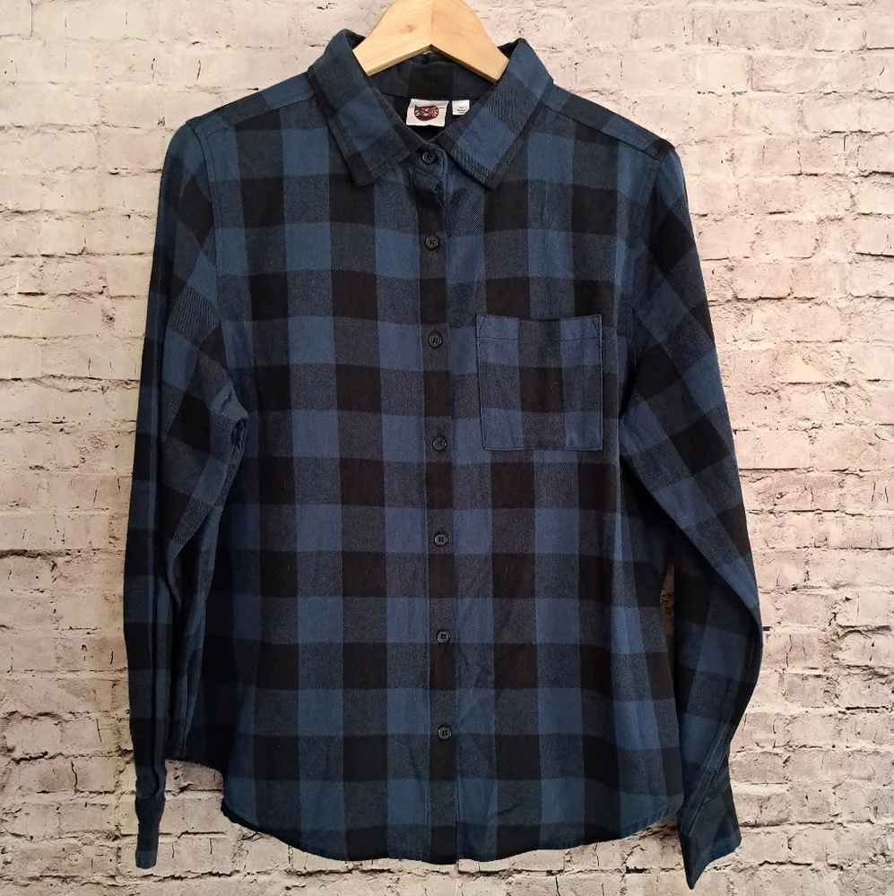 Grateful Dead Flannel Blue Buffalo Plaid XS Skull Roses Graphic - Picture 2 of 6